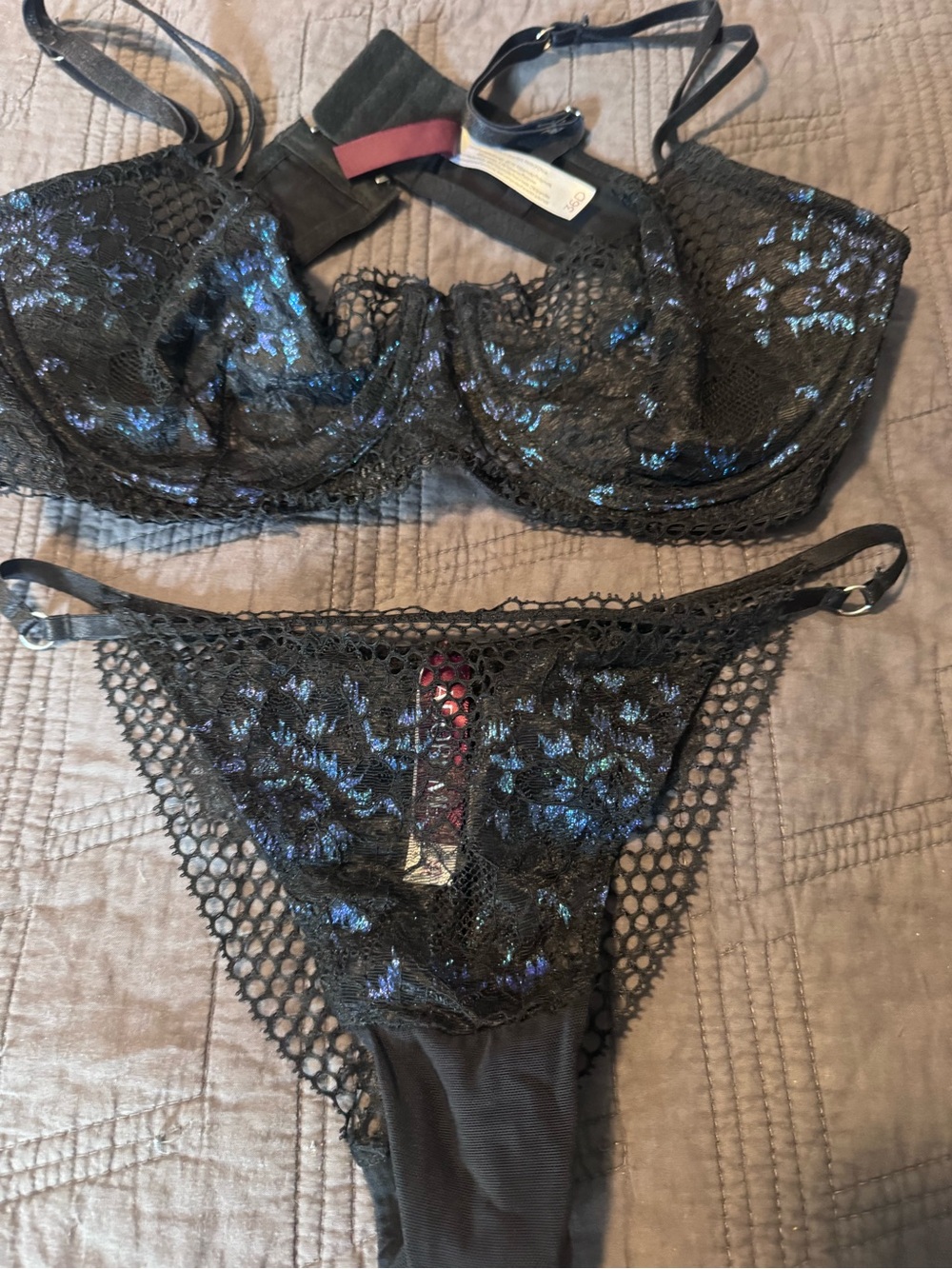 Adore Me Black Lace Bra & Bikini Set with Iridescent Blue Accents